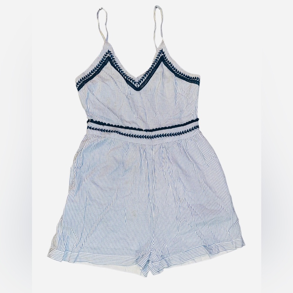 Joyana Striped Navy and White Train Conductor Women's szS Romper